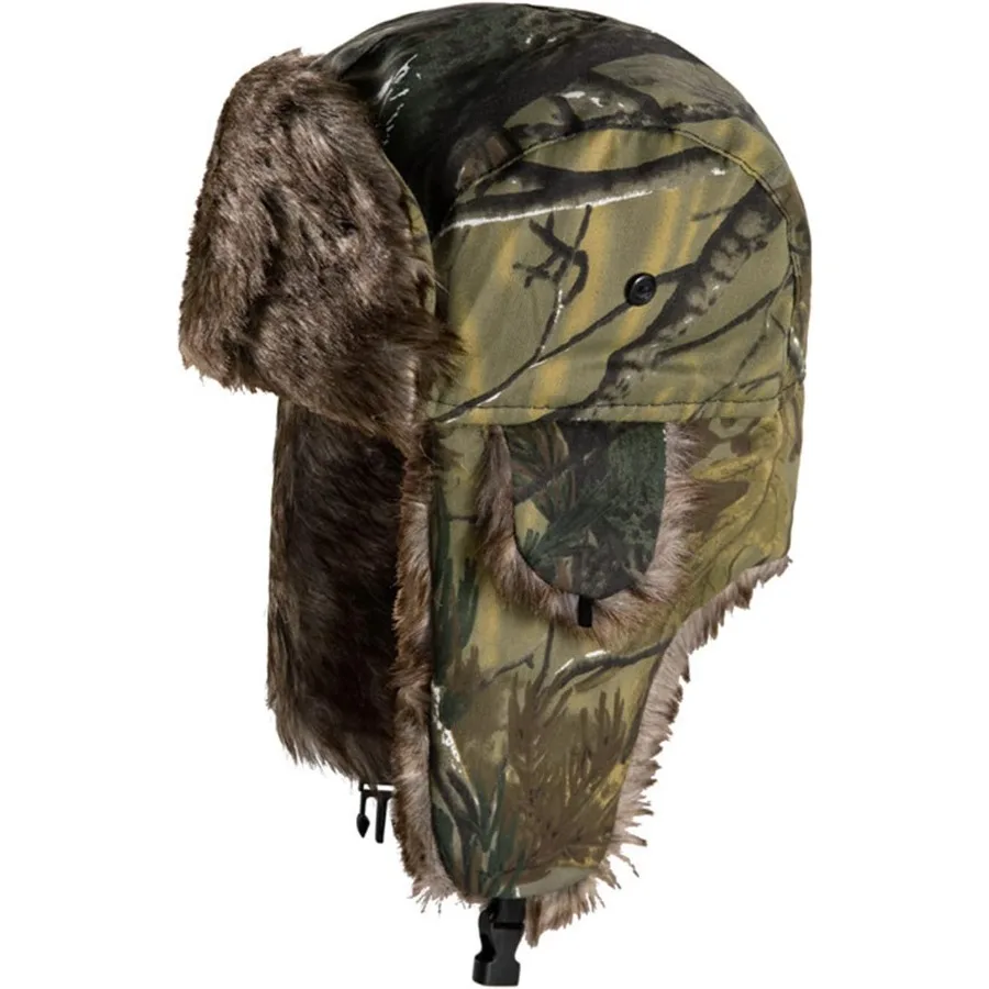 

Зимняя шапка-траппер с ушками, камуфляжная охотничья шапка с опалеными листьями, ушанка из искусственного меха, русская теплая шапка, унисекс, охотничьи шапки