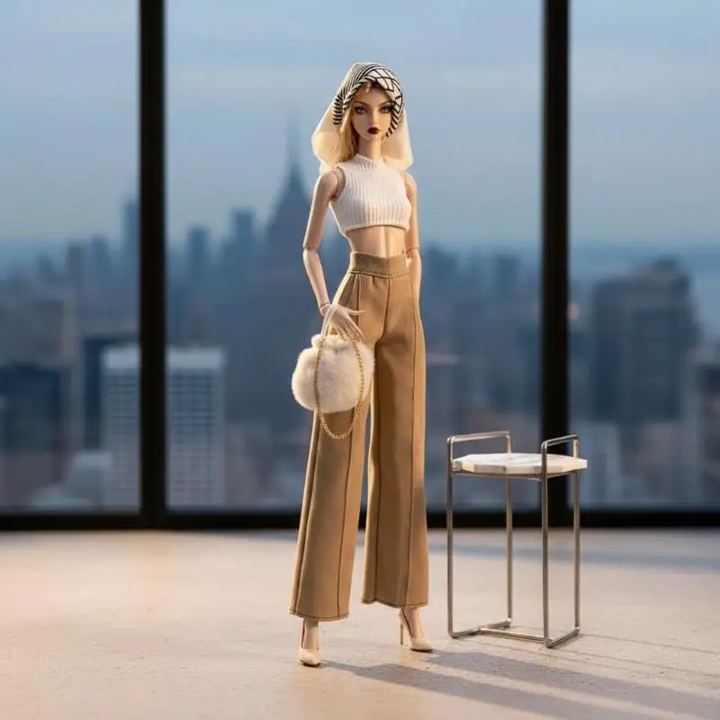 Doll Dress Up Clothes Set 4Pcs Accessory Kit Sleeveless Crop Top Wide Leg Pants with Bag Headscarf for Doll Lovers Birthday Gift