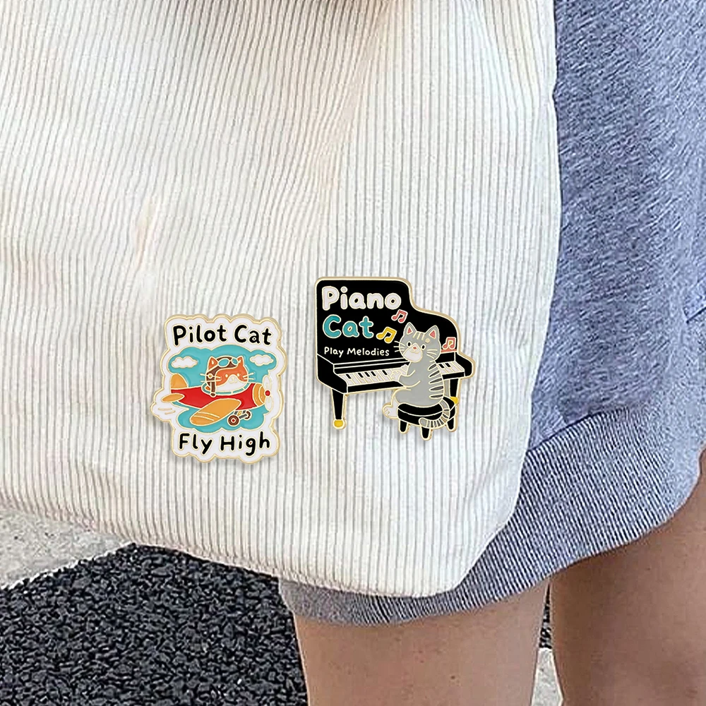 6 Styles Funny Piano Rock Warrior Cat Deisgn Enamel Brooches Cute Pilot Police Firefighter Kitten Golden Pins