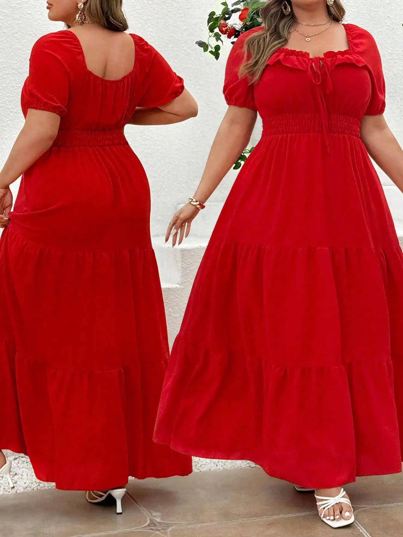 

Red Plus Size Ruffle Square Neck Tiered Maxi Dress with Puff Sleeves
