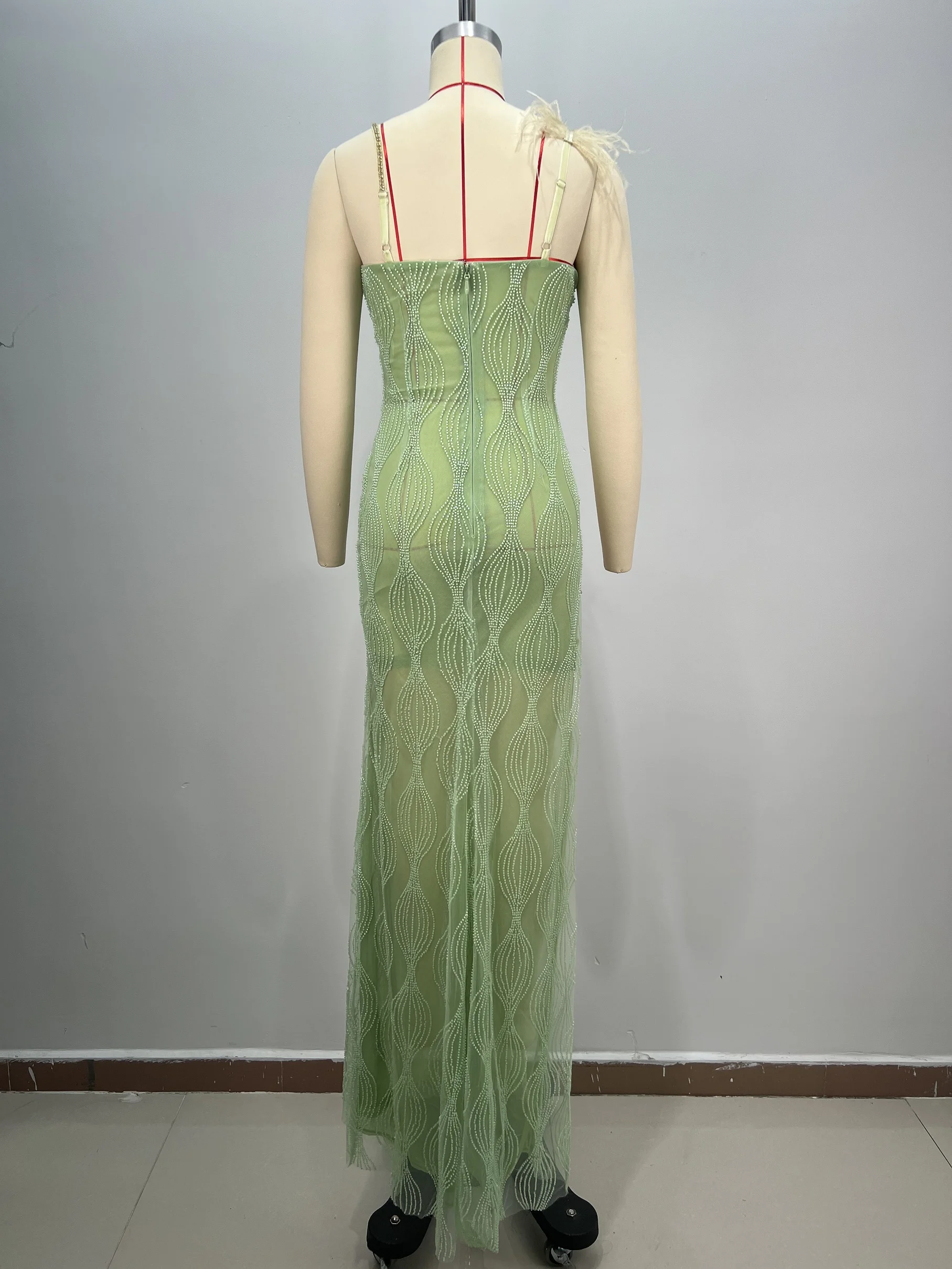 Women's Sage Green Sequin Bandage Dress Feather Trim Deep V Neck High Slit Mermaid Evening Gown Formal Party Wear