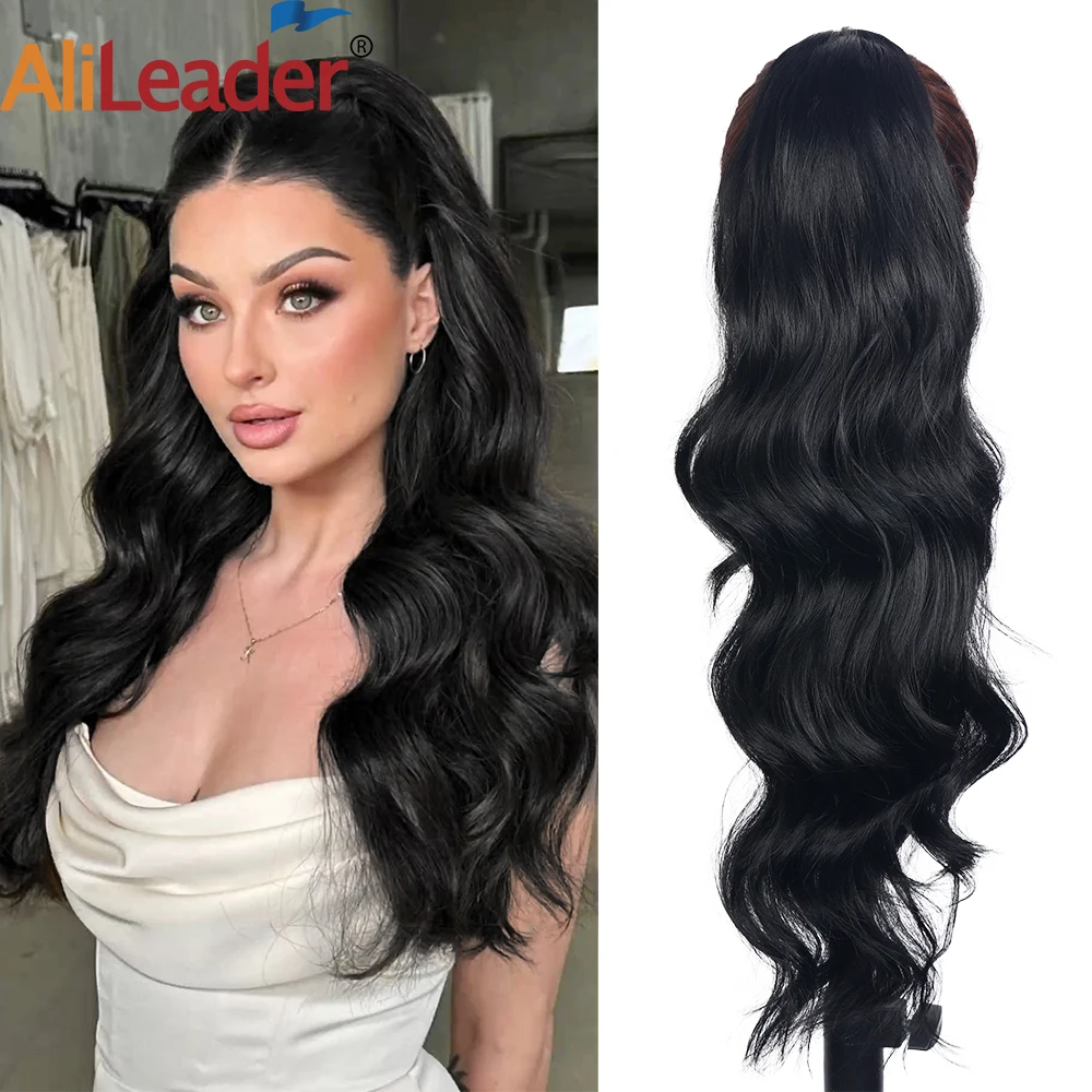 

Black Drawstring Ponytail For Women 24 Inch Long Wavy Pony Tails Synthetic Clip In Hair Extension Hairpieces Fake Ponytails