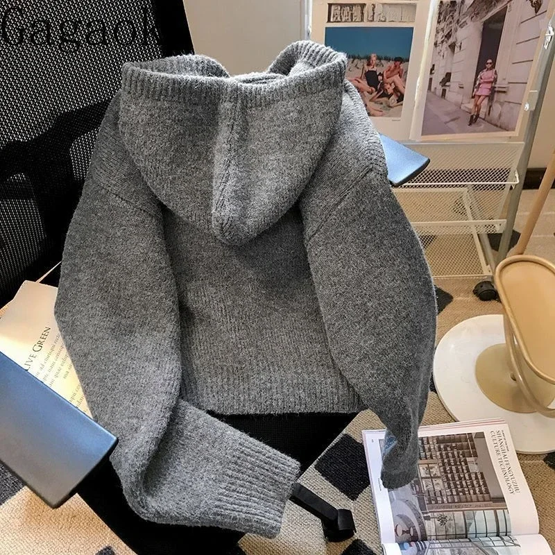 Gagaok Grey Hooded Knitted Cardigan Women 2024 Autumn Winter Slim Short Sweater Jacket Female Zipper Solid Gentle Top Coat