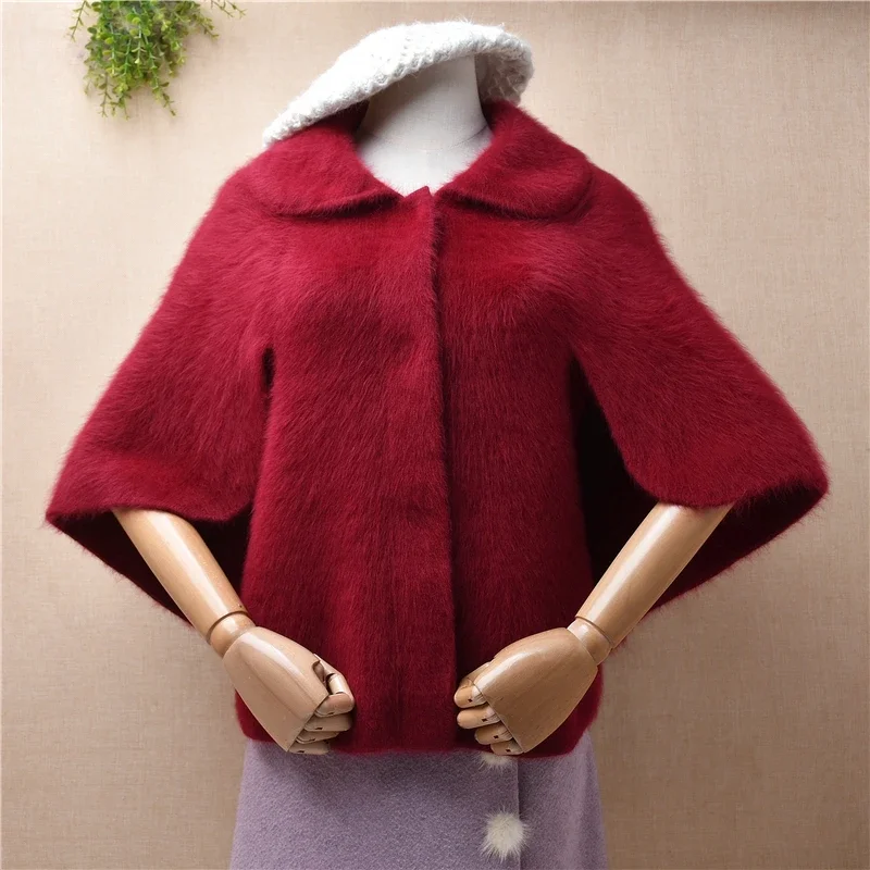 Ladies Women Fall Winter Red Hairy Mink Cashmere Knitted Half Sleeves Turn-Down Neck Slim Cardigans Mantle Jacket Sweater Cloak