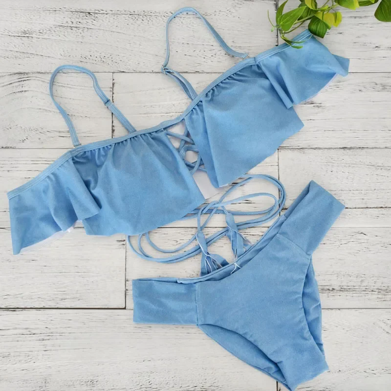 

2025 Summer Off Shoulder Ruffle Tassel Bikini Sexy Summer Beach Hollow out Swimsuit Blue Push Up Two-Piece Suit Women swimwear