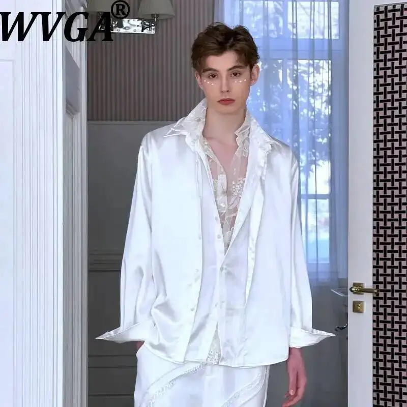 WVGA Spring New Men Unique Design Faux Three-Piece Fashionable Breathable Lace Stylish Long Sleeved Shirt Niche Chic Tops W24783