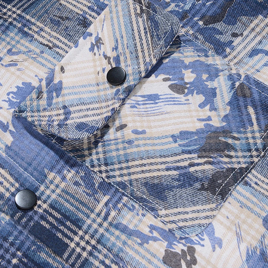 Hooded Tie-dye Plaid Shirt Men Long Sleeve Shirts Spring Autumn Fake Two Pieces Plaid Shirts Jacket Male Fashion Casual Blouse