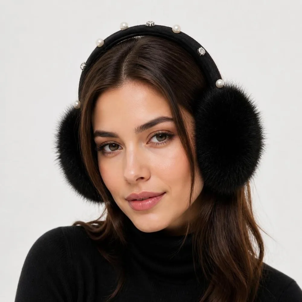 New Pearl Rhinestone Decor Faux Fur Earmuffs Plush Fluffy Winter Ear Warmers Cold‑proof Soft Soft Fluffy Earmuffs Cycling