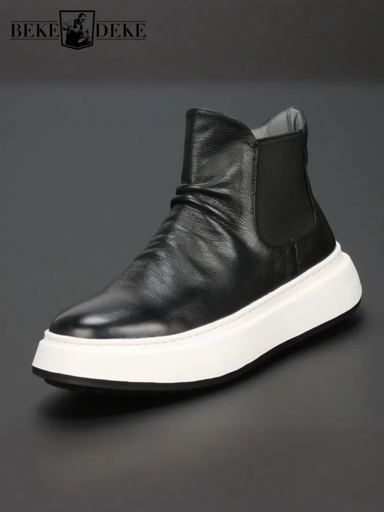 Hip Hop Genuine Leather High Top Sneakers Men Slip On Casual Platform Short Boots Mens Autumn Winter Fleece Liner Ankle Boots