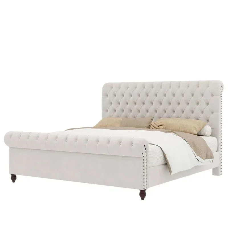 

Modern fabric cream wind double bed Nordic light luxury velvet bedroom high back buckle retro wedding bed