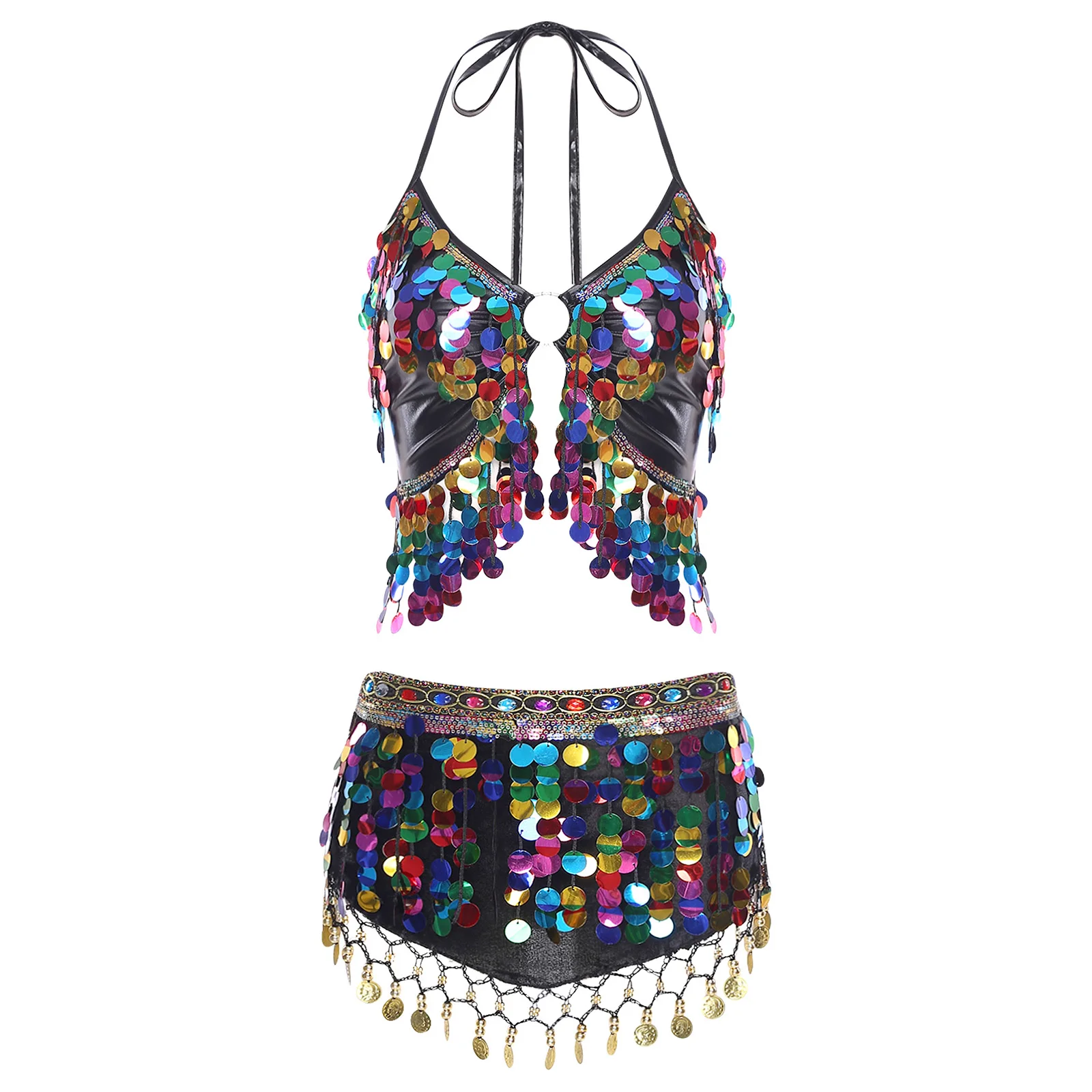 

Women Glitter Sequin Tassel Belly Dance Suits Tassel Fringe Halter Crop Top and Triangle Hip Scarf for Belly Performance Outfit