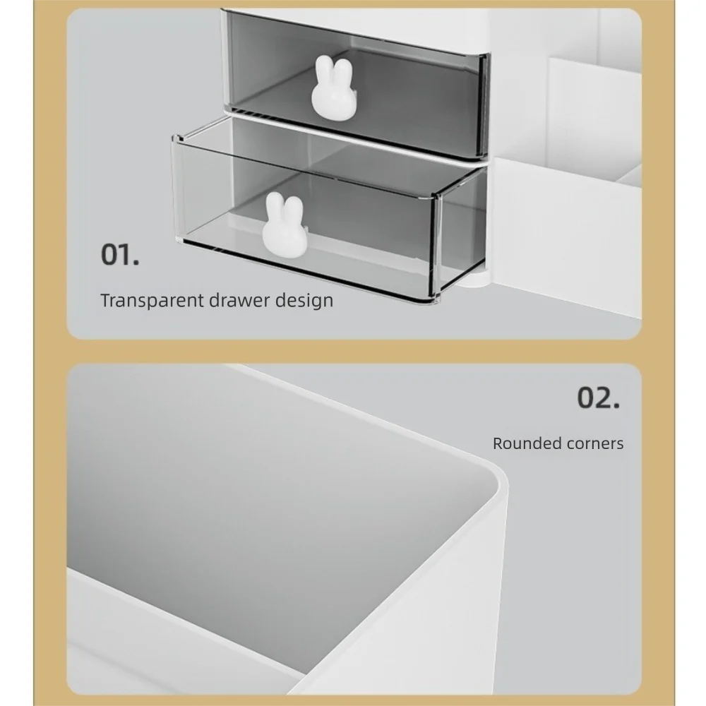 

10 Compartments Desktop Stationery Storage Box Cute Bunny 2 Drawers Makeup Storage Case Decorative Large Capacity