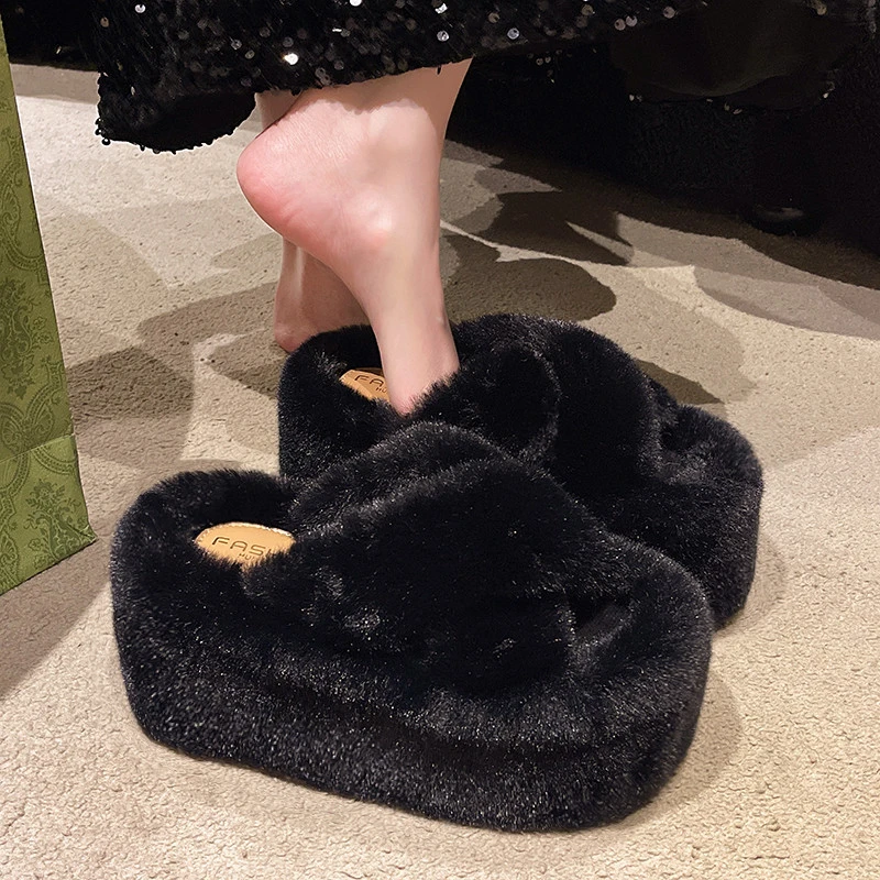 Woman Ladies Fur Luxury Fluffy Plush Slipper for Women House Soft Fuzzy Platform Indoor Casual Winter Home Warm Female Shoes