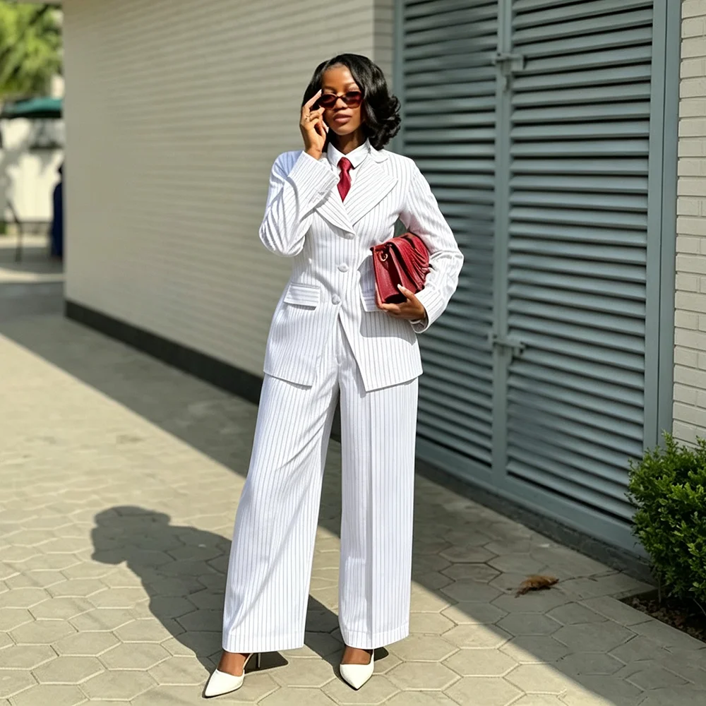 Luxury White Stripe Women's Suits 2 Piece Set Fashion Single Breasted Peak Lapel Jacket With Wide Leg Pants Sets For Office Lady
