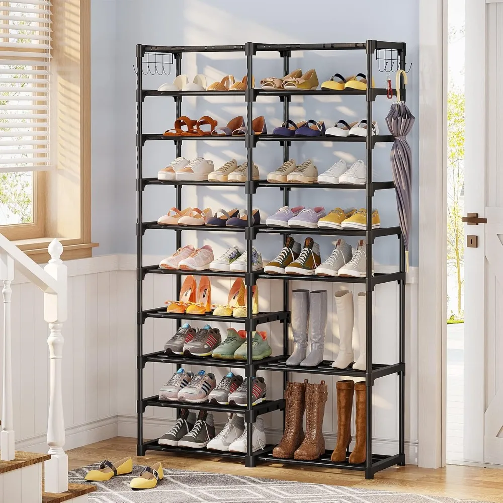 

Shoe Rack Organizer, 36-44 Pairs Storage Shelf, 10 Tiers Stand, for Closet, Boot Organizer with 2 Hooks, Stackable To