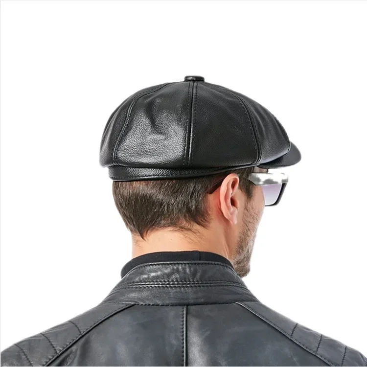 Retro Brown Hats Men Spring/Winter 100% Real Leather Warm Cap Male Beret Painter Boina Cowhide Octagonal Casquette High Quality
