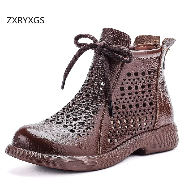 ZXRYXGS Promotion Soft Cowhide Hollow Boots Comfort Breathable Summer Cool Boots 2026 New Real Leather Women Modem Boots Flats