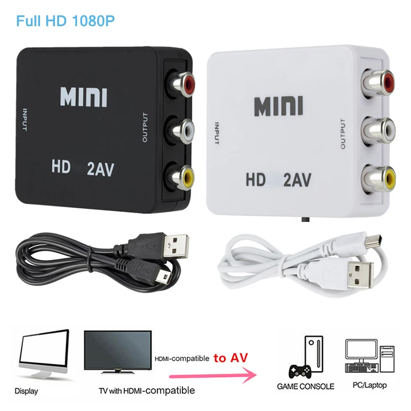 1080P HDMI-compatibile con AV RCA Adapter Converter Box RCA AV CVSB LR Video Composite AV Scaler Converter per PC HDTV Projector