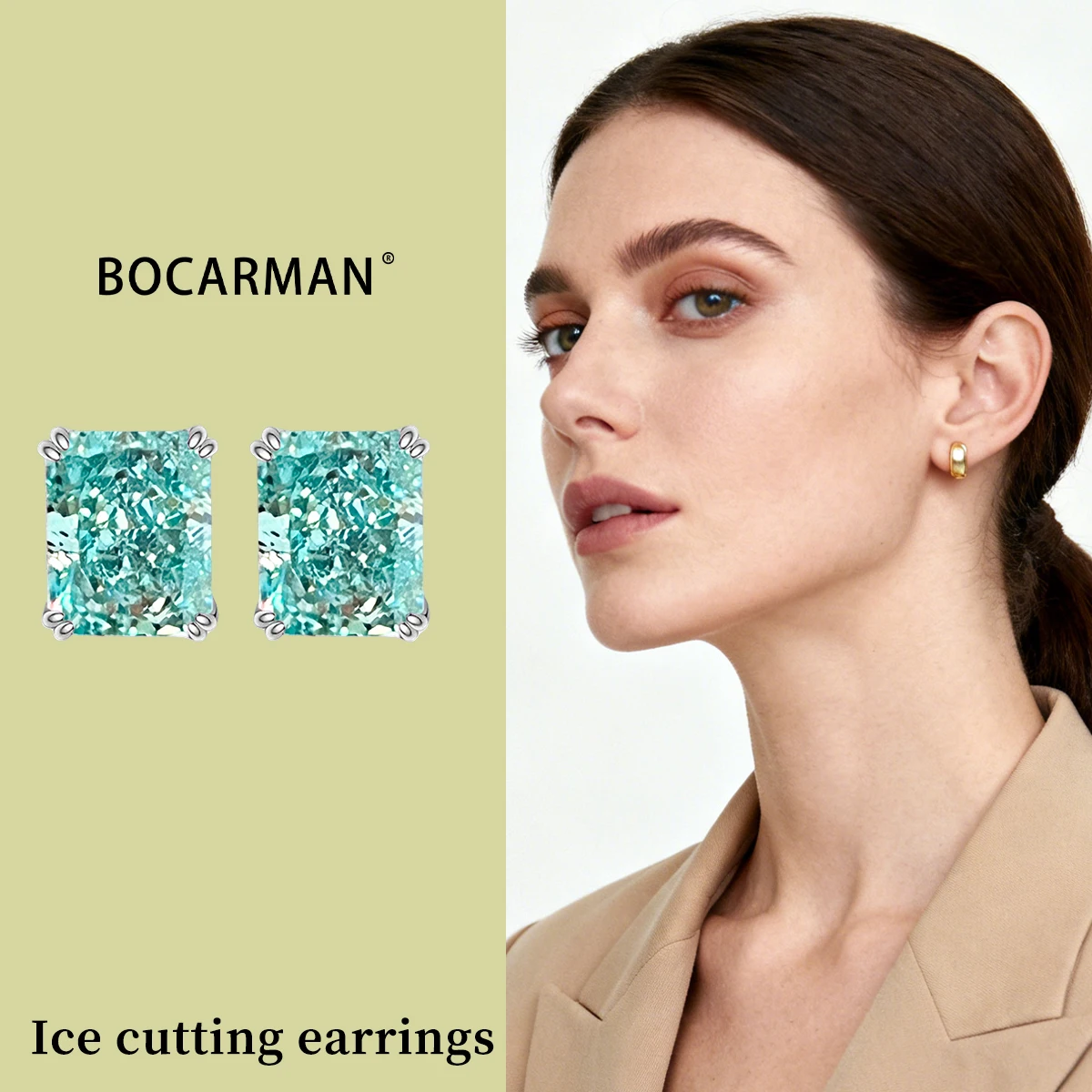 Bocarman Ice Cut Zircon Stud Earrings S925 Silver Paraiba Tanzanite Blue Mint Green Rectangular Multicolor Women Fine Jewelry
