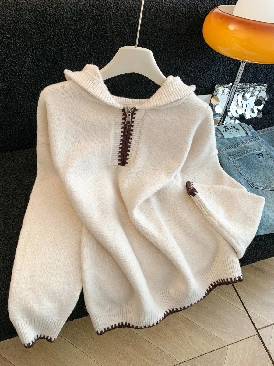 

Ретро-стиль, корейский дизайн, вязаный свитер-пальто на молнии с капюшоном, осенне-зимний, новый дизайн, цветной, оверсайз, женский топ, теплый