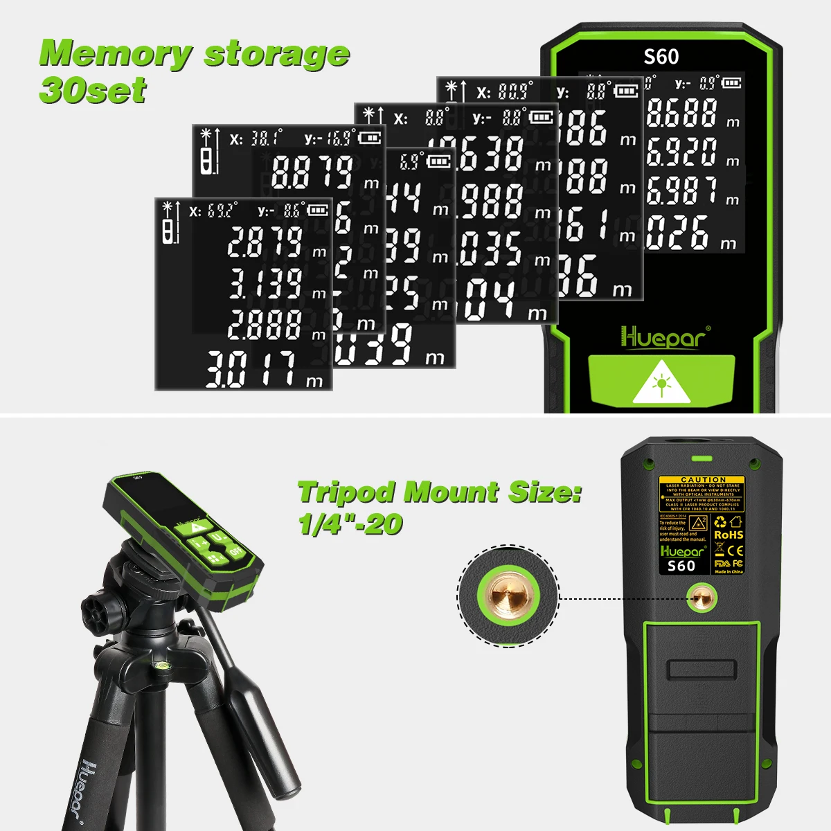 Huepar Laser Distance Digital Rangefinder 196Ft/60M  Measure with LCD Electronic Dual Angle Measurement Tools & Type-C Charging