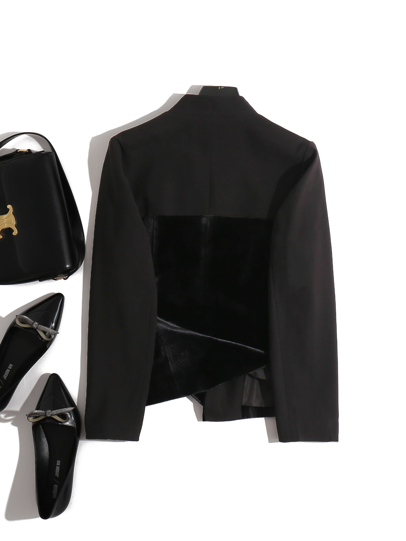  Velvet Suit Jacket Elegant Unique Waist-Cinching Patchwork Powerful Lady Style Long Sleeve V-neck Commute Fashion