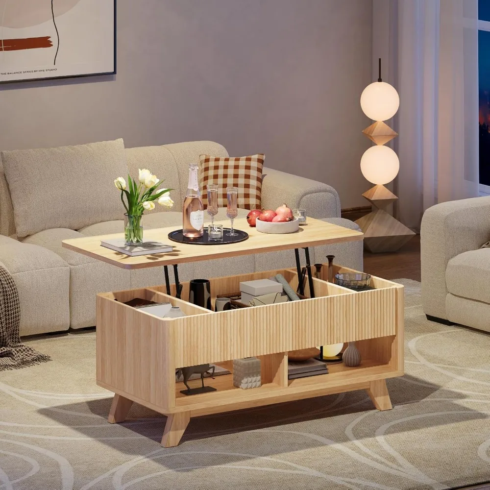 Farmhouse Lift Top Coffee Table, Mid Century Modern Coffee Table with Hidden Storage Compartment, Fluted Rising Pull up Wood Mod