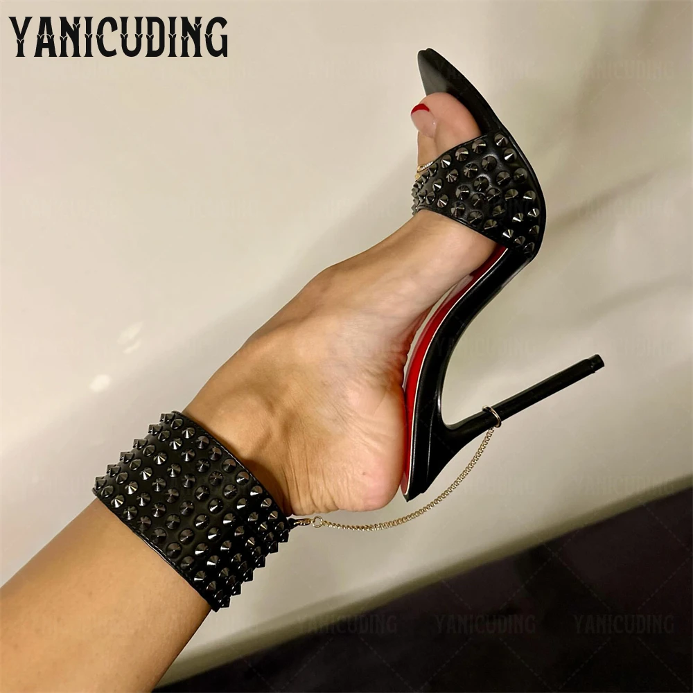 Punk Sexy Stiletto Sandals Belt Buckle Rivet High Heels Pointed Toe Stiletto Leather Summer Shoes Sexy Buckle Sandals Customized
