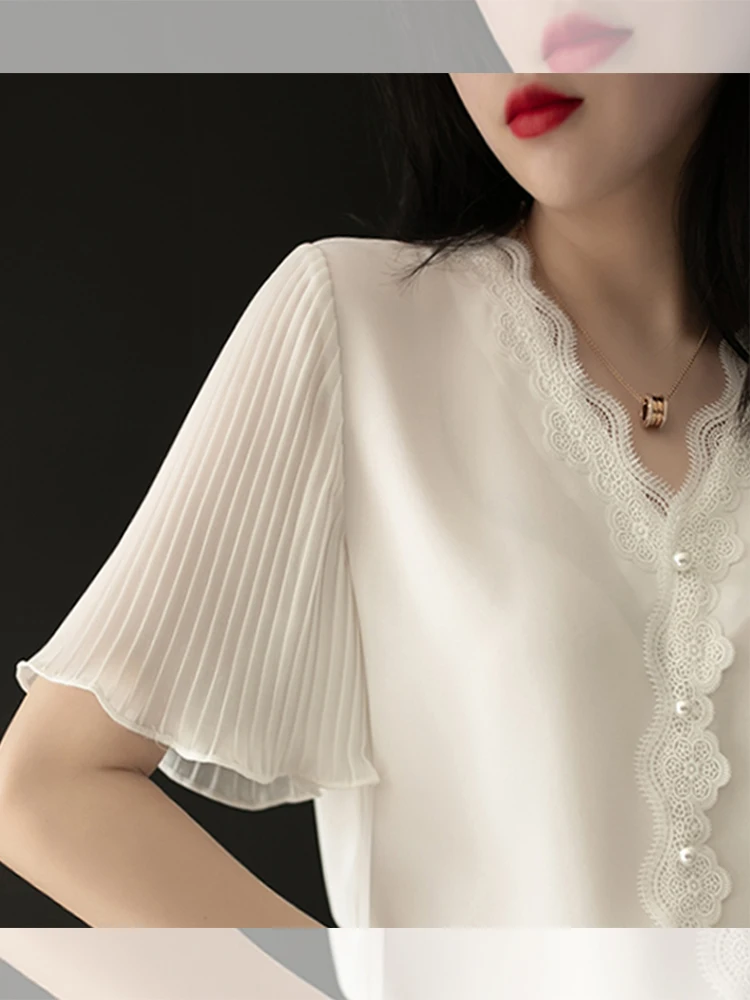 

Elegant Chiffon Shirt Women's Short Sleeve V-Neck Lace Detailing Spring Autumn White Shirt Korean Style Commute Fashion