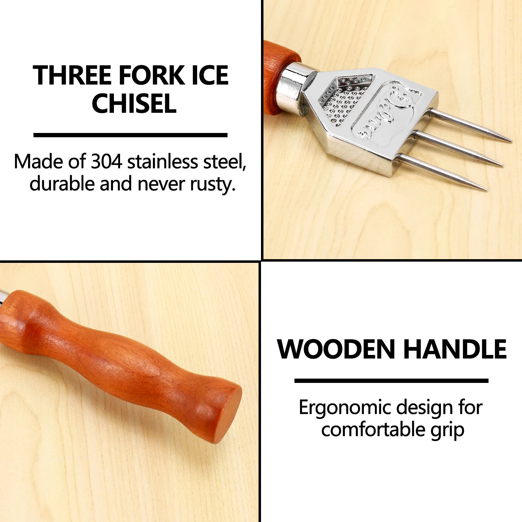 

A74U Ice Pick - Sturdy Ice Chipper With Solid Wood Handle, 304 Stainless Steel Three Pronged Ice Crusher For Cocktail Bartender