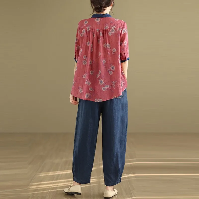 Women Summer Casual Shirt And Harem Pants New Arrival 2024 Vintage Style Floral Print Loose Female Pant Suits 2 Piece Sets B3602