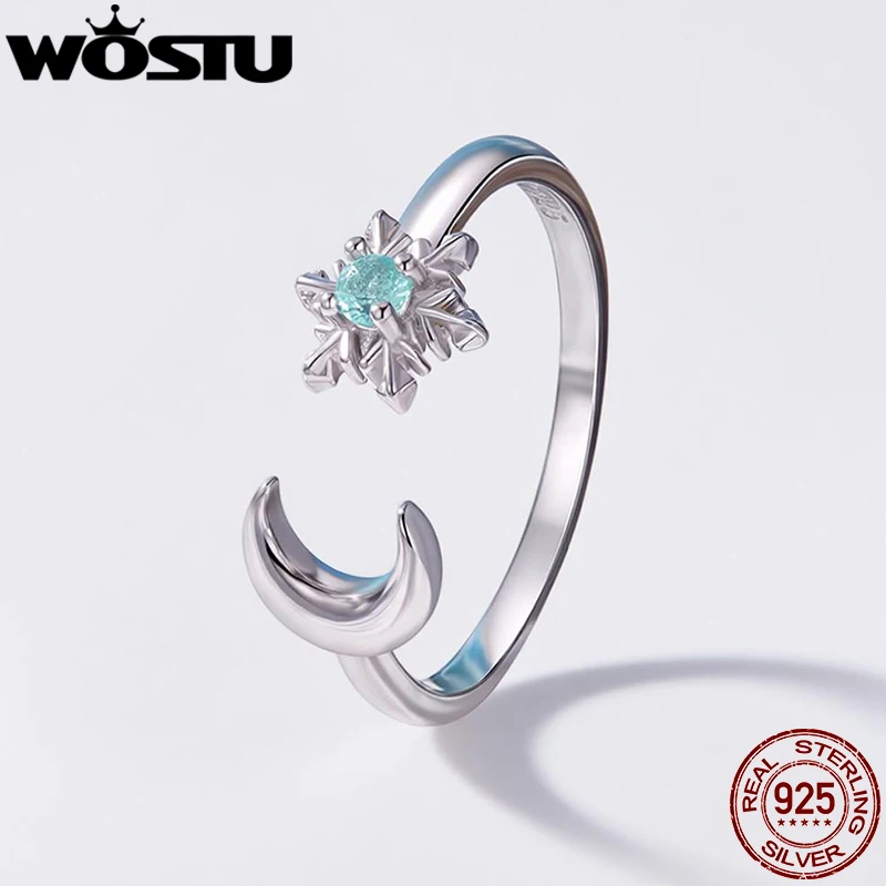 

WOSTU 925 Sterling Silver Snowflake & Moon Ring for Women, Icy Blue Crystal Zircon Open Rings Winter Xmas Jewelry Party Gift