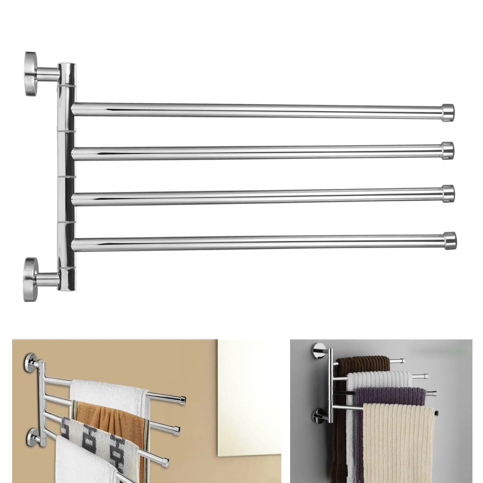 

Stainless Steel Rotating Towel Rack 4-arms Swivel Towels Bar Hanger Bathroom Rail Kitchen Rag Holder with Screws Tools 212*350mm