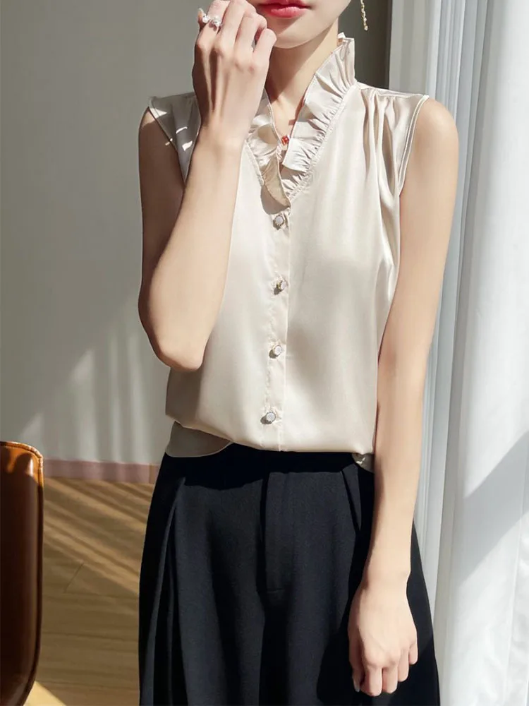 

2025 New Spring And Summer Sleeveless Tops Button Up Cardigan With Pleated CollarSilk Tops Women' s Clothes Fashion Elegant Coat