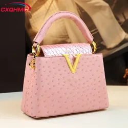 Genuine Leather Women Handbags V Letter Small Shoulder Crossbody Bag Pink Ostrich Print Portable Messenger Shell Bags 2024 New