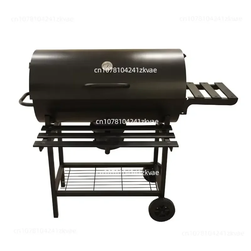 Modern Iron Barrel Charcoal Grill with Trolley, Versatile for Gatherings