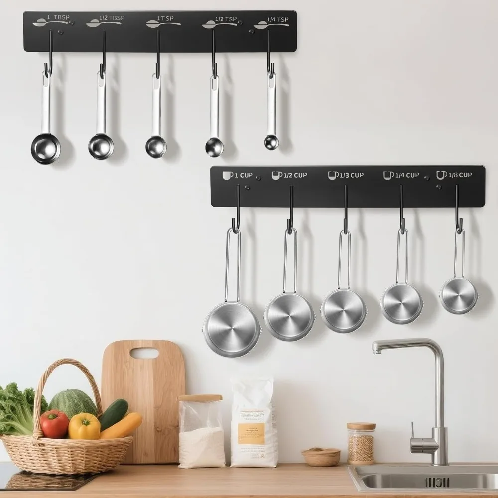 2 Pack Measuring Cups and Spoons Hanging Rack, Black Hanging Cups and Spoons Rack, Space Saving Kitchen Utensil Holder