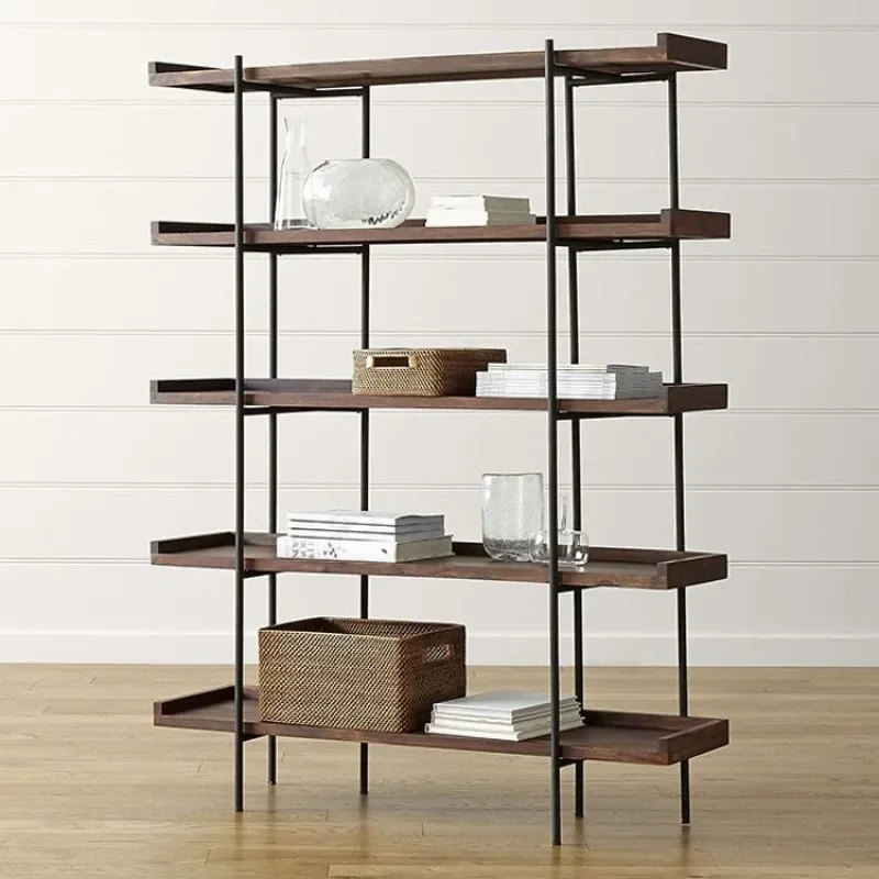 #American vintage iron simple solid wood floor-to-ceiling bookshelf living room multi-layer bookcase partition shelf