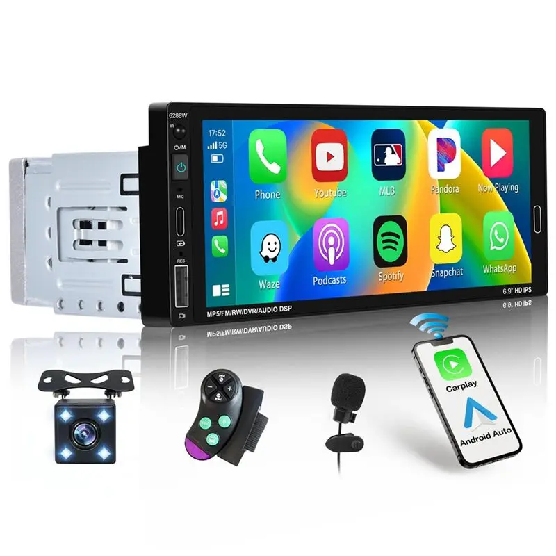 Excellent-6.9 Inch Wireless Carplay Car Stereo Single Din Touchscreen Car Radio, Android Auto Bluetooth Mirror Link FM Mic SWC E