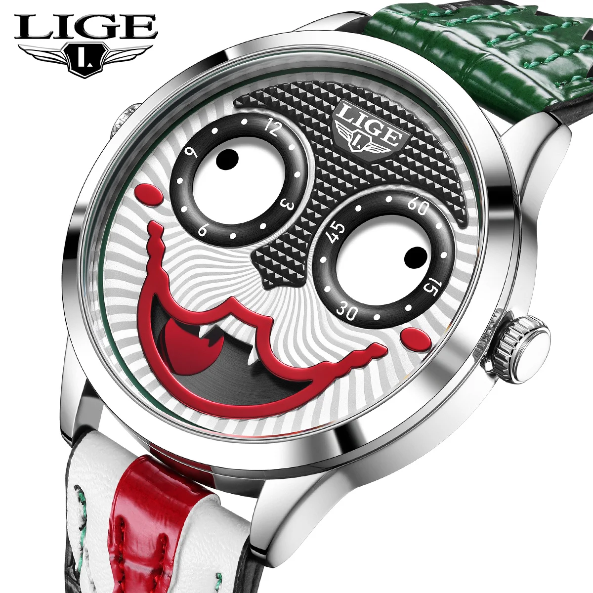 LIGE New Creative Clown Watches For Men Luxury Top Brand Leather Waterproof Men's Quartz Wristwatch Fashion Cool Joker Watch Men