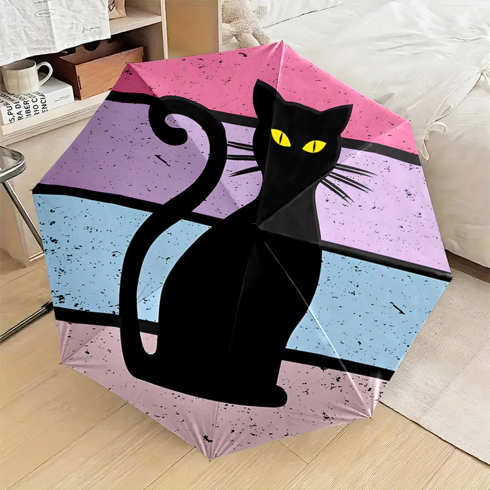 1PC Geometric Block Macron Pink Black Cat Silhouette Print 8 Iron Ribs Folding Umbrella Auto-Open Fashion Sunshade