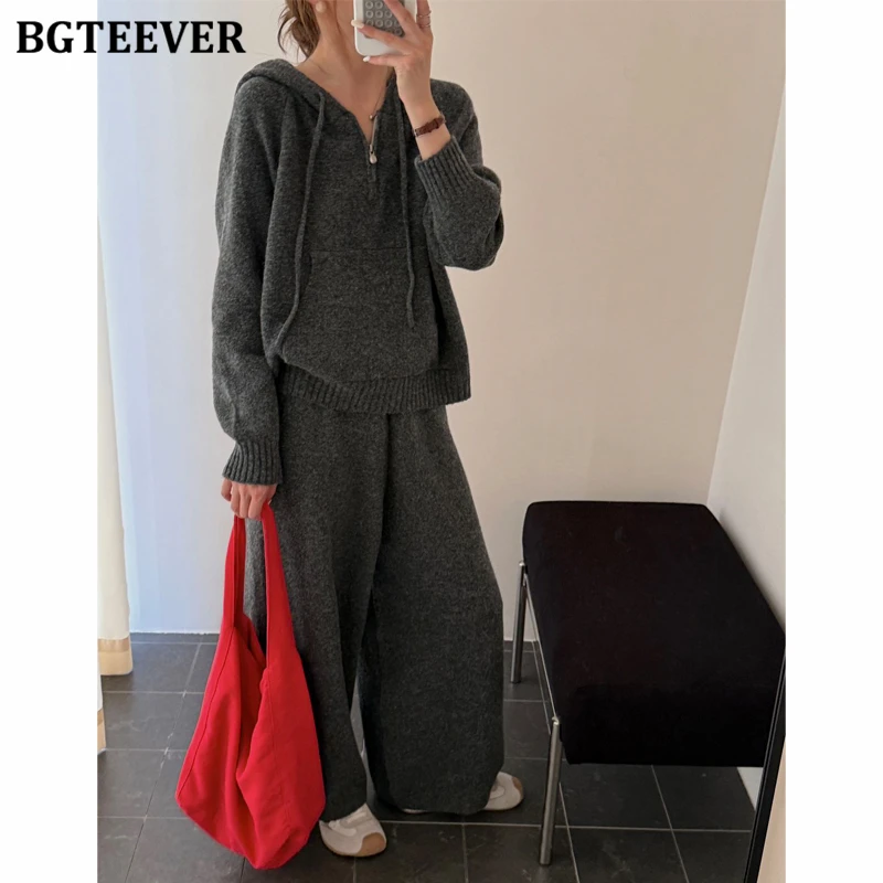 BGTEEVER Casual Warm Ladies 2 Pieces Knitted Trousers Set Long Sleeve Hooded Zippers Sweaters & High Waist Wide Leg Pants
