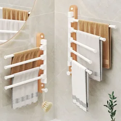 Rotating Movable Towel Bar with Hook Beech Wood White Black Aluminum Wall Mounted Bathroom Towel Holder Shelf Storage Rack