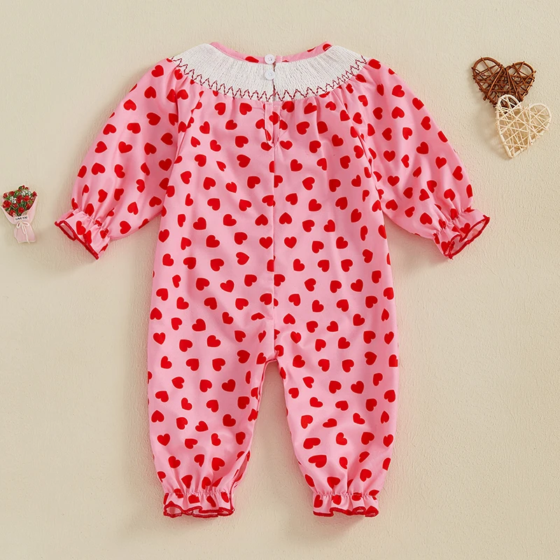 Barboteuse Smockée à Manches sulfpour Bébé Fille, Tenue de Saint-Valentin, Imprimé Cœur, Poignets à Volants, Costume de Batterie