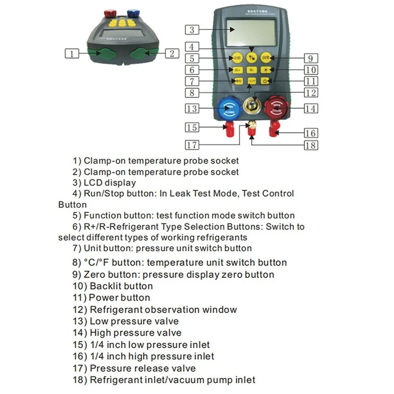 Dy517 Pressure Gauge Refrigeration Digital Vacuum Pressure Manifold Tester Meter Hvac Temperature Tester Valve Tool