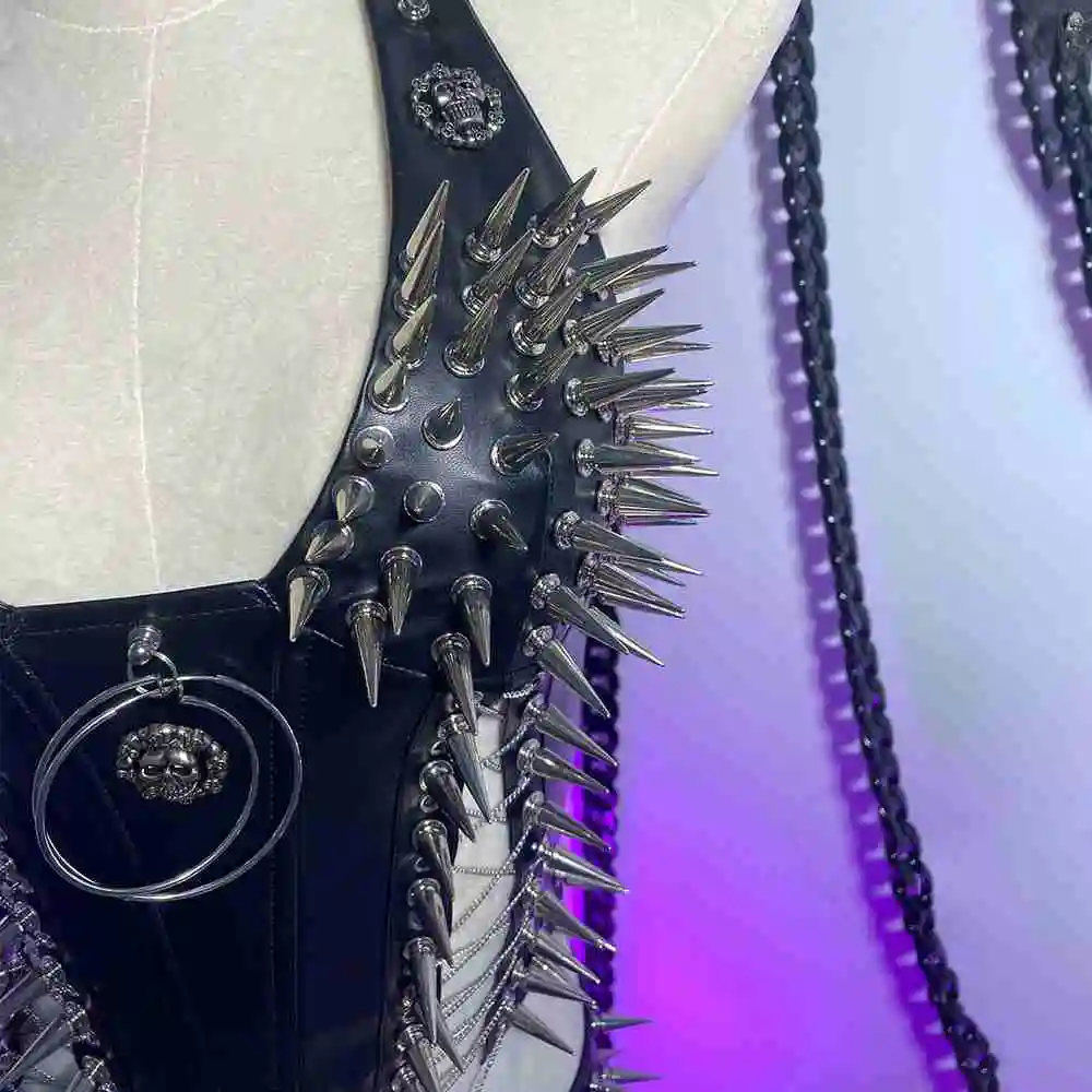 القوطي Harajuku الشرير الصخرة الهيب هوب E-الفتيات ايمو سبايك رصع برشام الجمجمة Y2K الرسن بروتيل القمم يا خاتم الجمجمة الجرونج بولي Leather الجلود