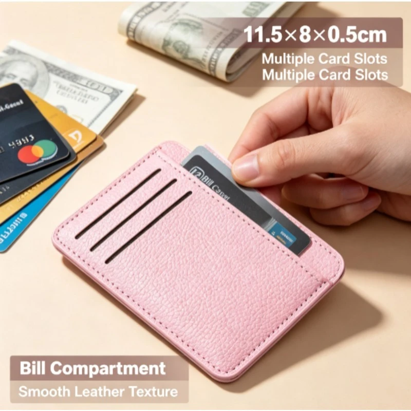 Ultra‑Thin PU‑Leather Card Holder, Compact Elegant Multi‑Slot Card Wallet, Large‑Capacity Short Purse for Students and Women