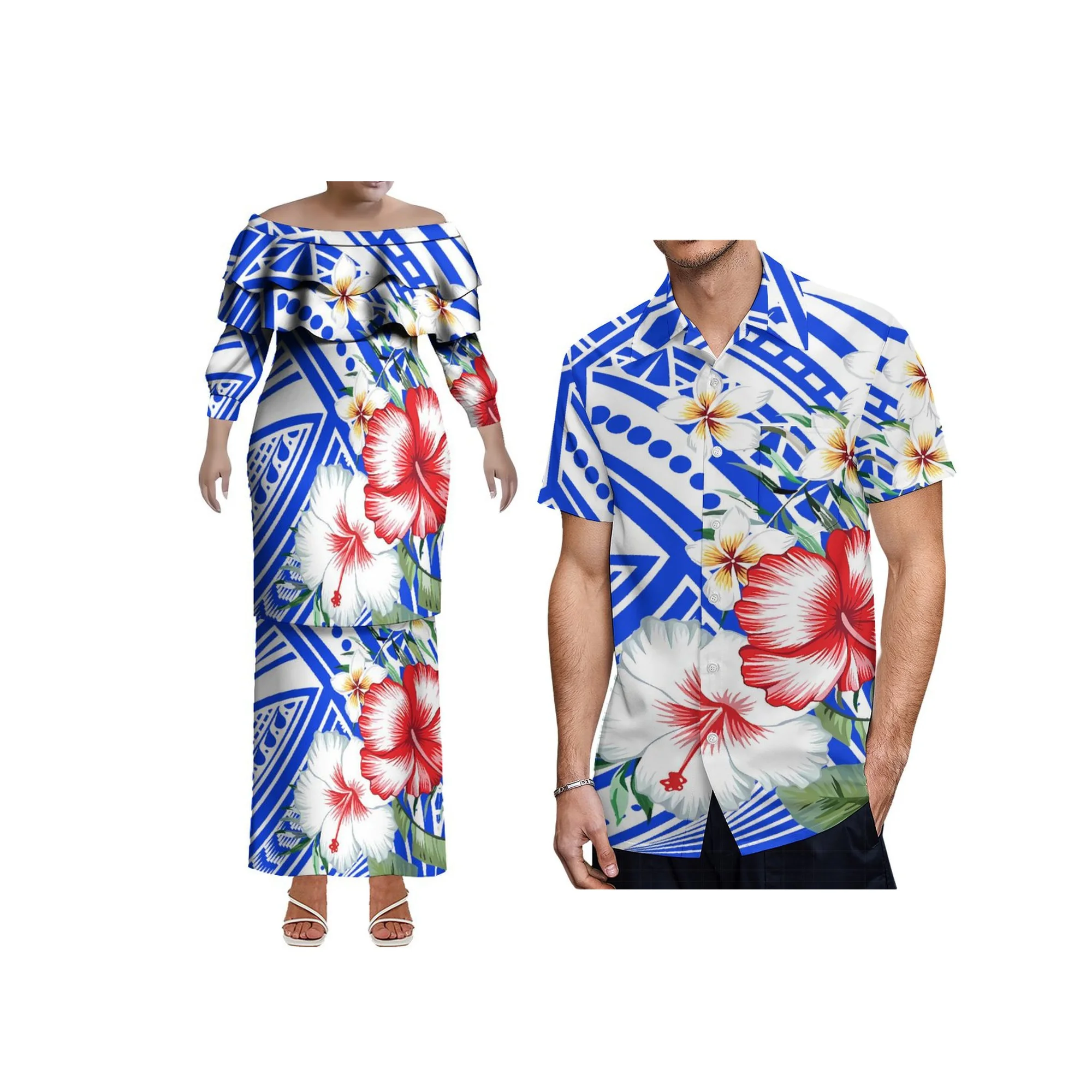 Vestido plissado de camada dupla personalizado eli tribal polinésia puletasi vestido plus size senhora saia de um ombro conjunto top e saias