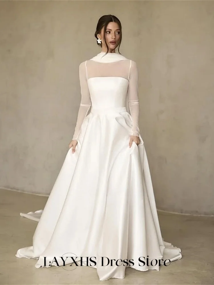 

LAYXHS Modest Wedding Dresses High Neck Transparent Long Sleeves A-Line Pleat Bridal Gowns Customized свадебное платье
