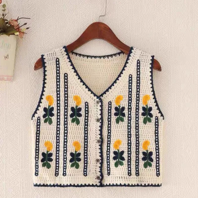 Bloemen Borduren Trui Vest Vrouwen 2023 Nieuwe Lente Herfst Mouwloos Kort Vest Vrouwelijke Prairie Chic Bovenkleding